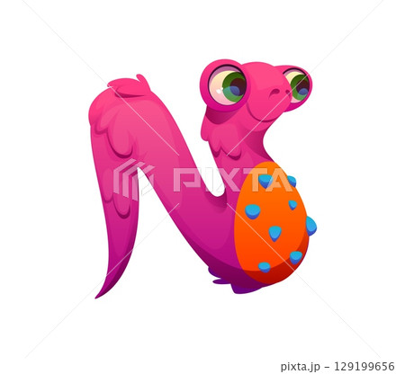 Strange monster character cartoon font letter N. Bizarre bogle personage kids ABC type letter, fantasy creature vector font symbol. Crazy Halloween monster character English alphabet element 129199656