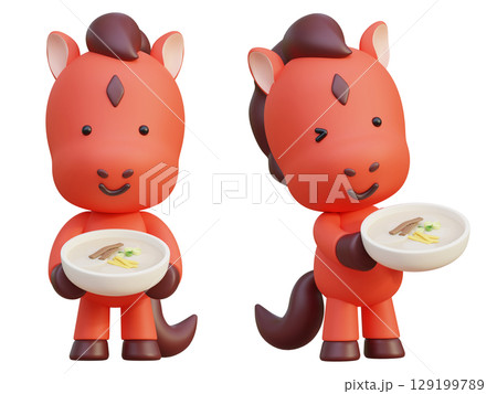 cartoon style 2026 new year red horse character holding rice cake soup 129199789