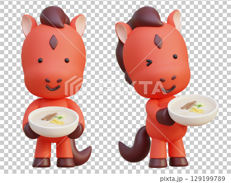 cartoon style 2026 new year red horse character holding rice cake soup 129199789