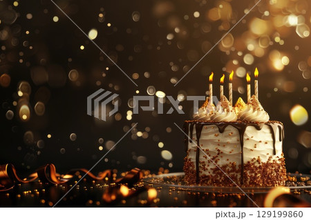 A beautifully decorated birthday cake with lit candles is placed on a table. AI-generated content. 129199860
