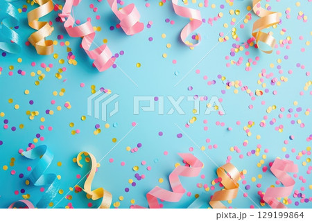 Colorful confetti and vibrant streamers are displayed on a blue background. AI-generated content. 129199864