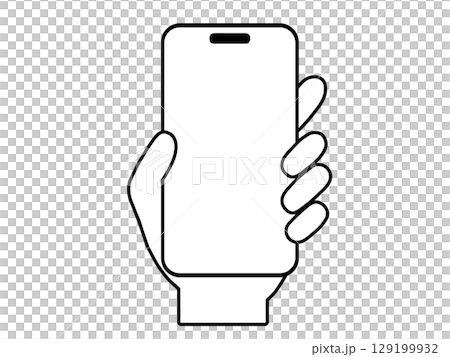 スマホを持つ手の線画イラスト モノクロ 129199932
