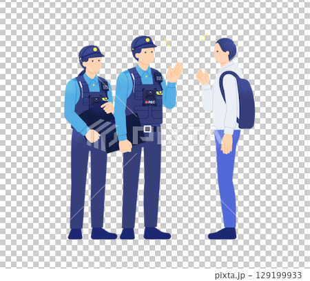 一名女警官和一名男警官正在審問一名年輕男子，同時以穿戴式相機拍攝和錄音 129199933