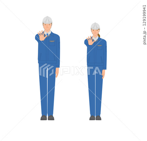 ビジネスイメージ：ダメ！と警告するヘルメットを被った作業服の若い男女セット 129199941