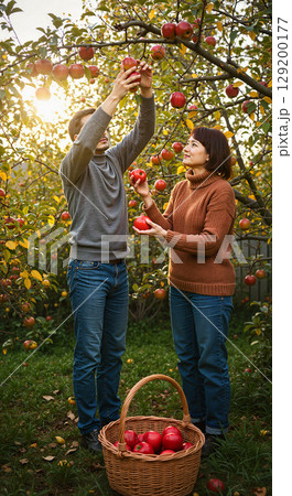 Couple harvesting apples in orchard at sunset 129200177