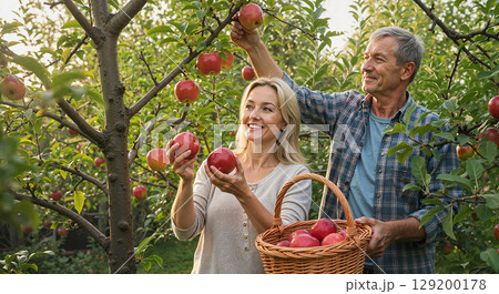 Couple harvesting apples in orchard 129200178
