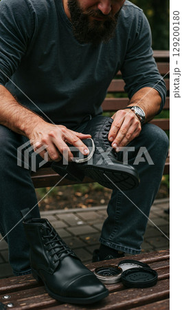 Man polishing black shoes while sitting on a park bench 129200180