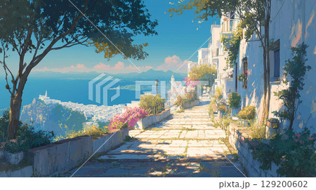 太陽の光が降り注ぐ、カプリ島の美しい街並み 129200602