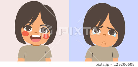 Girl with Happy and Sad Expressions Vector 129200609