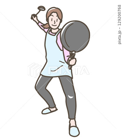 フライパンとおたまを持って構えている女性のイラスト フライパンとおたまを持って構えている女性のイラスト 129200768