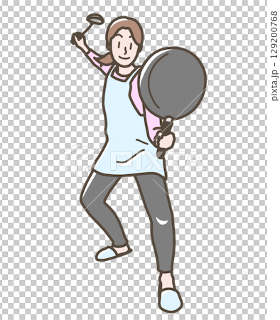 一位女士拿著煎鍋和湯匙的插圖 一位女士拿著煎鍋和湯匙的插圖 129200768