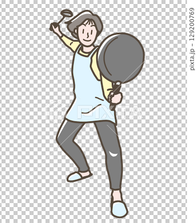 一位女士拿著煎鍋和湯匙的插圖 129200769