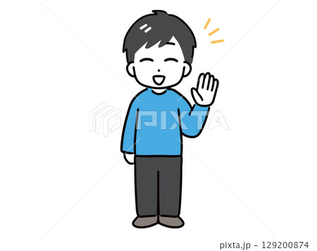 笑顔で正面を向いている私服の若い男性(全身) 129200874