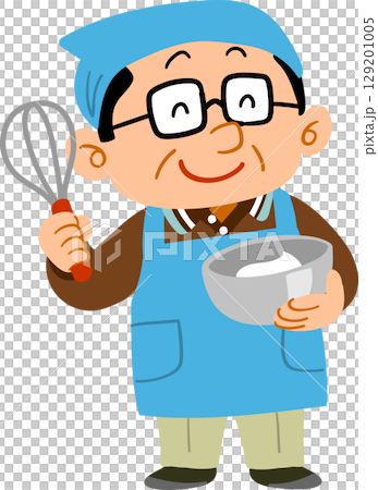 調理道具を持って微笑む中年男性 129201005