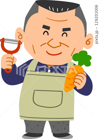 調理道具を持って微笑む中年男性 調理道具を持って微笑む中年男性 129201006