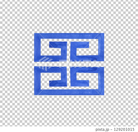 Watercolor illustration of a blue geometric ornament on a white background. Stylized elements of the Greek pattern, hand-drawn. Clipart. Watercolor illustration of a blue geometric ornament on a white background. Stylized elements of the Greek pattern, hand-drawn. Clipart. 129201015