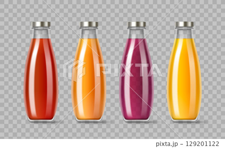 Colorful juice in glass bottles with metal caps 129201122