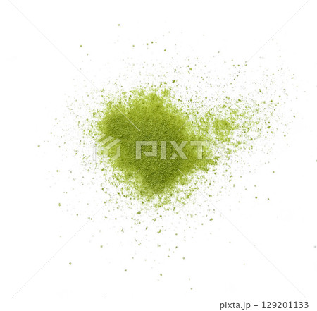 Powdered matcha green tea scattered on white background top view copy space 129201133