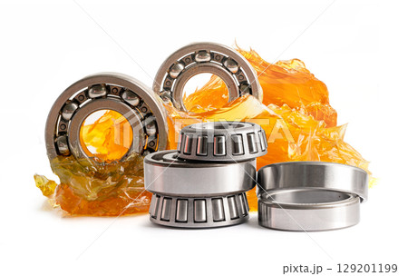 Ball bearing stainless with grease lithium machinery lubrication for automotive and industrial isolated on white background. Ball bearing stainless with grease lithium machinery lubrication for automotive and industrial isolated on white background. 129201199