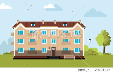 Apartment building. Flat design typical buildings old houses. Cute design for textile, wallpaper, background.	 129201257