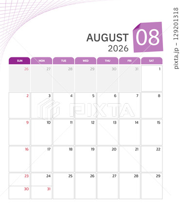 August 2026 Calendar. Week start on Sunday. Desk calendar 2026 design, simple and clean design, Wall calendar for print, digital calendar, Corporate design planner template vector. 129201318