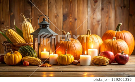 Pumpkins and gourds in an autumn harvest patch, a seasonal decoration for fall holidays like Halloween and Thanksgiving 129201359