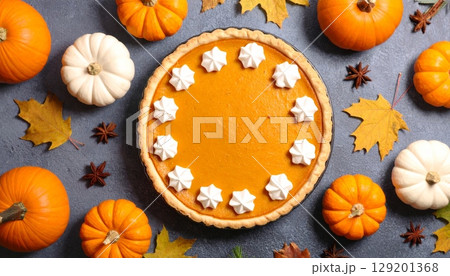 Fresh pumpkin pie decorated with autumn leaves and ripe cinnamon spice on a wooden table Fresh pumpkin pie decorated with autumn leaves and ripe cinnamon spice on a wooden table 129201368