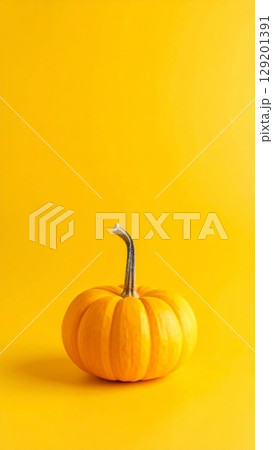 An isolated orange pumpkin on a wooden table, perfect for a fall harvest or Halloween theme 129201391