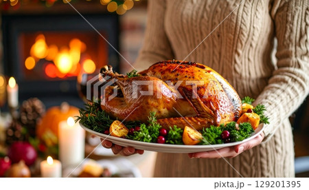 Healthy grilled and roasted turkey with vegetables, a delicious gourmet dinner dish on a plate 129201395