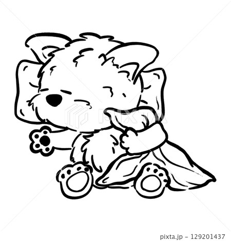 Puppy holding blanket in sleeping cartoon outline illustration  129201437