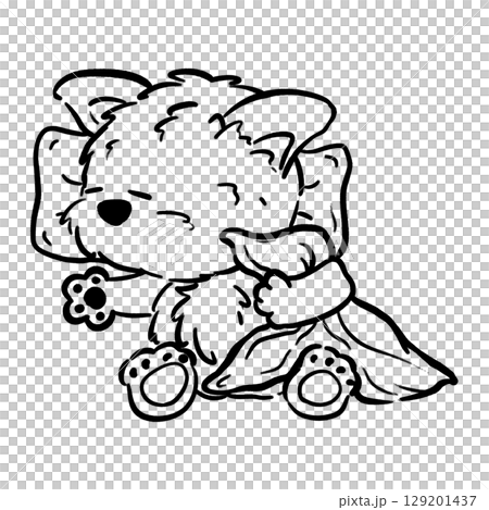 Puppy holding blanket in sleeping cartoon outline illustration  129201437