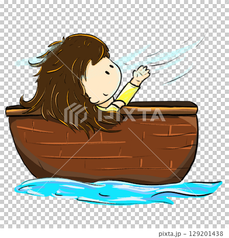 Little girl in boat feeling wind by hand cartoon illustration 129201438