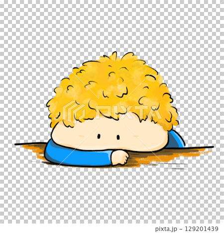 Curly yellow hair boy dazing and daydreaming on table 129201439
