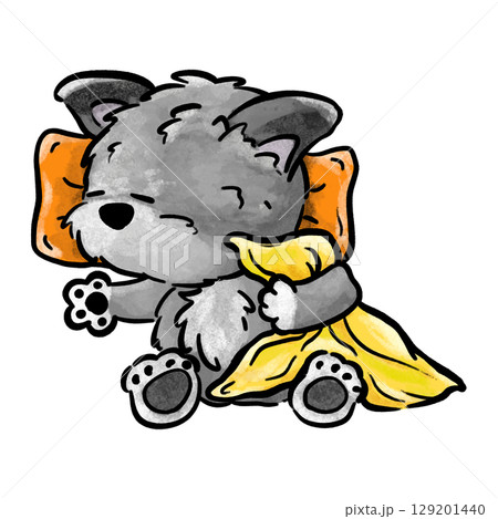 Gray puppy holding blanket and sleeping cartoon illustration  129201440