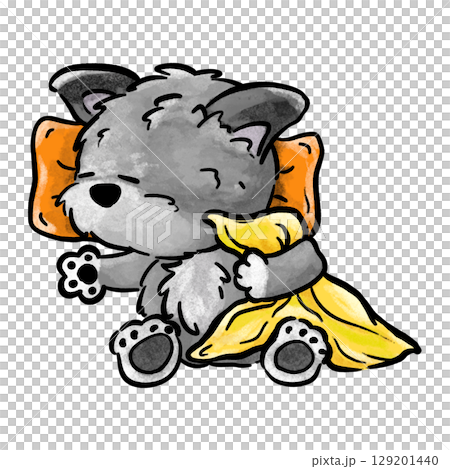 Gray puppy holding blanket and sleeping cartoon illustration  129201440