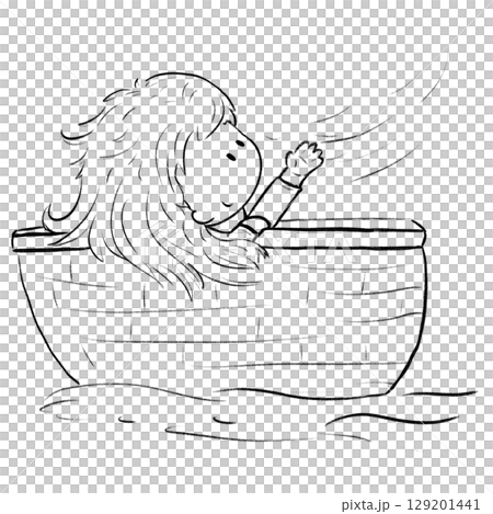 Little girl sitting in boat and feeling wind by hand cartoon outline illustration 129201441