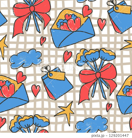 Birthday party crayon colorful seamless pattern. Festive doodle gift, clouds, stars and flowers endless background. Hand drawn presents kids continuous cover. Vector hand drawn illustration 129201447