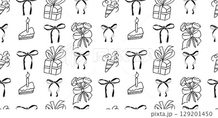 Coquette birthday party crayon seamless pattern. Monochrome celebration event endless background. Girly festive black and white repeat cover. Surface pattern birthday design. Vector illustration Coquette birthday party crayon seamless pattern. Monochrome celebration event endless background. Girly festive black and white repeat cover. Surface pattern birthday design. Vector illustration 129201450