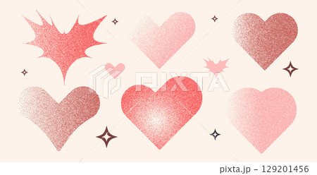 Hearts figures with grain noise gradient texture. Y2k retro coquette stippling forms set. Different heart icons on white background. Vector gritty monochrome red gradation shapes illustration 129201456