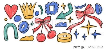 Graphic shapes crayon drawn set. Naive multi colors doodle stickers figures on white background. Crown, cherry, heart and geometric forms sketch elements. Vector illustration by pencil 129201464