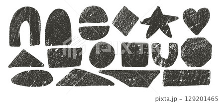 Ink linocut rolled geometric shapes with noise set. Text boxes grainy textured frames. Rhombus, heart with arch, octagon grainy scribbles. Vector hand drawn stickers black shapes 129201465