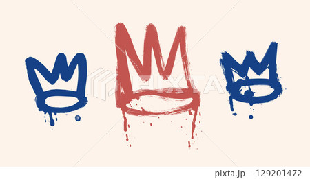 Red and blue crowns ink brush stroke drawn set. Spray graffiti paint elements isolated on beige background. Grunge textured winner symbols shapes. Urban street scribbles. Vector illustration Red and blue crowns ink brush stroke drawn set. Spray graffiti paint elements isolated on beige background. Grunge textured winner symbols shapes. Urban street scribbles. Vector illustration 129201472