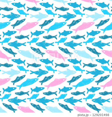 Crayon fish school seamless pattern. Sardines hand drawn endless background. Nautical repeat cover. Sea continuous ornament. Surface pattern design water motif. Vector illustration 129201498