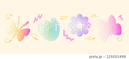 Grain colorful noise gradient butterflies and flowers shape set. Y2k floral forms. Gritty grunge butterfly, tulip and daisy icons on white background. Vector stippling illustration Grain colorful noise gradient butterflies and flowers shape set. Y2k floral forms. Gritty grunge butterfly, tulip and daisy icons on white background. Vector stippling illustration 129201499