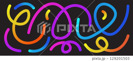 Multicolored wavy lines. A collection of soft gradation abstract shapes. Gradient squiggles. Rainbow curved elements on black background. Vector simple swirls. Children's gradient swirl patterns 129201503