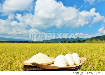 秋の田んぼと新米のおにぎり 129201745