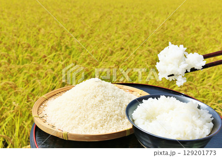 秋の田んぼと新米のご飯 129201773