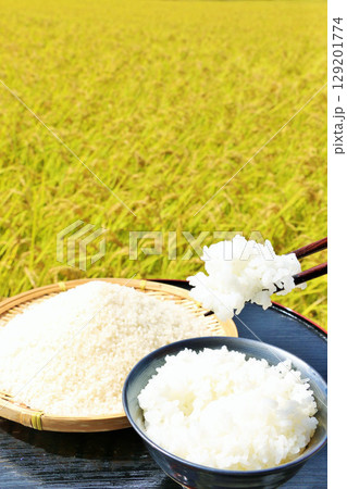 秋の田んぼと新米のご飯 秋の田んぼと新米のご飯 129201774