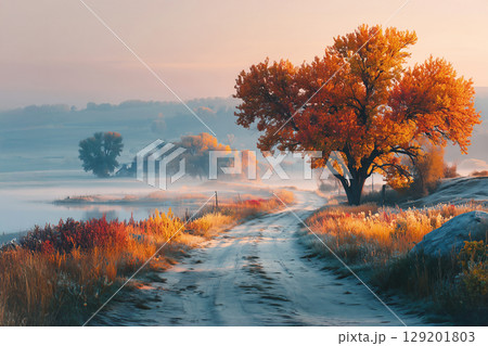 朝焼けの中の紅葉の風景 129201803