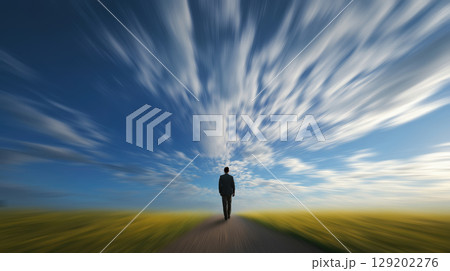 Person Walks Through a Vast Abstract Landscape Generative AI 129202276